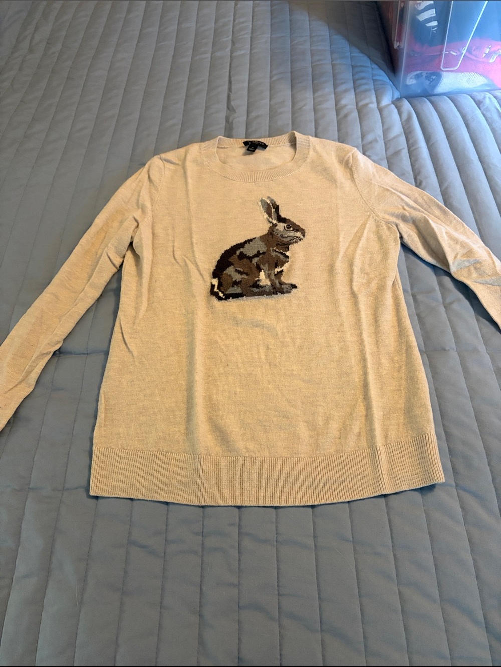 Talbots Cream Crewneck Sweater with Embroidered Rabbit Motif